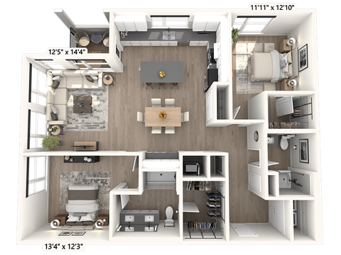 A 3D floor plan of a house with a living room, kitchen, and two bedrooms.